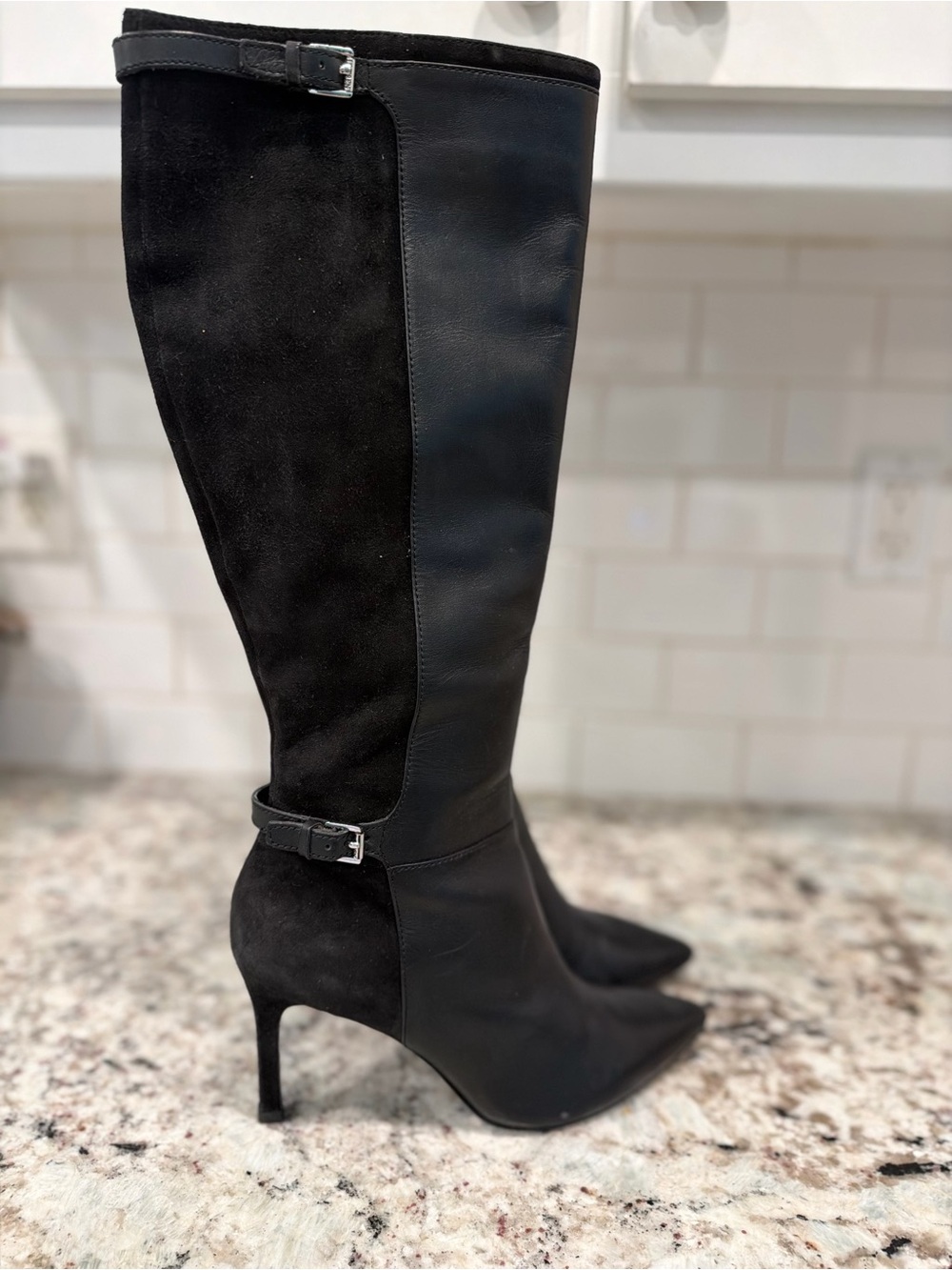 Ralph Lauren Black Leather and Suede Over-the-Knee Stiletto Boots